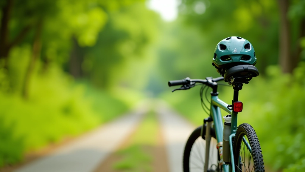 Bicicleta con accesorios de seguridad estacionada junto a un camino de vía verde