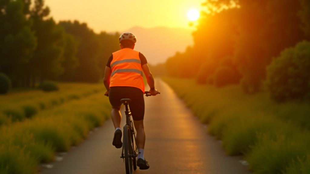 Ciclista con chaleco reflectante naranja brillante en la vía verde, luz dorada del atardecer, ambiente seguro