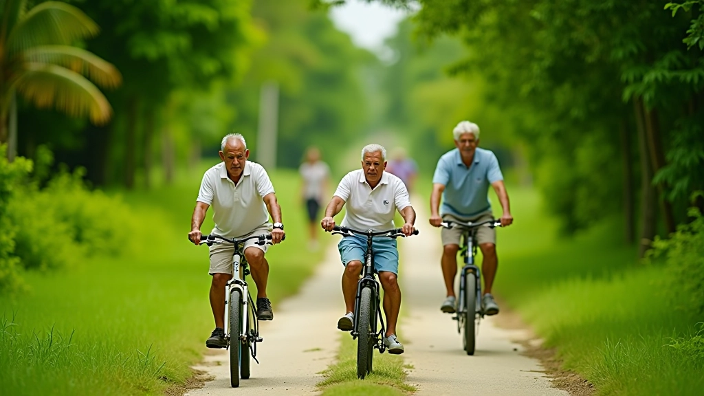 Grupo de adultos mayores pedaleando en bicicleta en un camino verde rodeado de árboles
