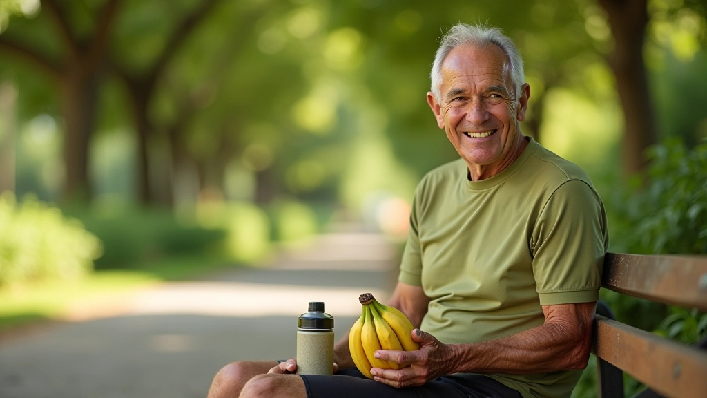 Persona adulta mayor descansando después del recorrido en bicicleta, tomando agua y comiendo una banana en un banco sombreado