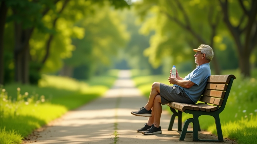 Adulto mayor descansando en un banco con botella de agua durante el recorrido en bicicleta