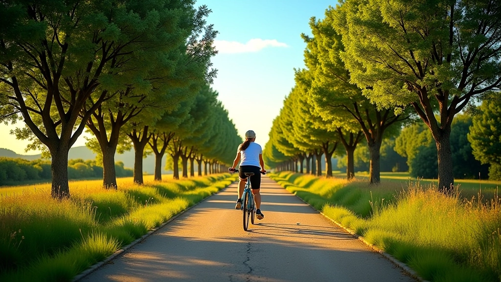 Paisaje sereno de la vía verde con árboles y cielo azul, mostrando la tranquilidad del recorrido